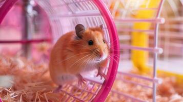 une élégant hamster court sur une designer hamster roue tandis que ses cage est décoré avec peluche literie et décoratif accents photo