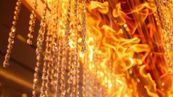 le flammes de le Feu Danse et réfléchir de le cristal lustre pendaison au dessus création une éblouissant lumière spectacle cette ajoute à le luxueux ambiance de le lobby. 2d plat dessin animé photo