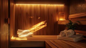 une confortable sauna pièce avec doux éclairage et une empiler de les serviettes attrayant personnes à utilisation il comme une outil pour mieux dormir. photo