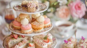 une fermer de une échelonné plateau en portant un assortiment de délicat des pâtisseries et mini des sandwichs mettant en valeur le complexe et délicat portion style de une goûter après midi photo