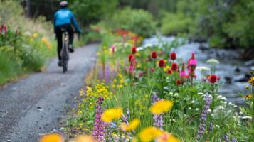 une la personne cyclisme le long de une chemin suivant à une rivière avec coloré fleurs sauvages épanouissement sur Soit côté photo