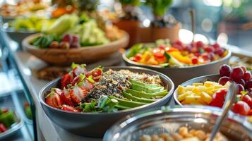 une copieux et sain petit déjeuner buffet plein de riche en nutriments les options comme smoothie boules Avocat pain grillé et Frais jus photo