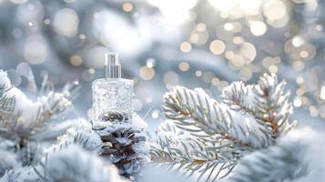 une neigeux forêt avec Remarques de pin et e capturer le essence de le hiver saison dans une sur le thème de l'hiver fragrance collection photo