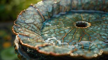 une détaillé fermer de une céramique oiseau une baignoire conçu à Regardez comme une feuille avec complexe s et motifs prêt à être p dans une jardin. photo