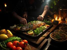 ai généré cuit poisson avec citron et herbes génératif ai photo