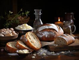 ai généré fraîchement cuit pain sur une en bois planche génératif ai photo