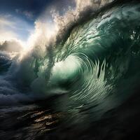 ai généré tourbillonnant vagues sur le Contexte de le le coucher du soleil mousse mer génératif ai photo