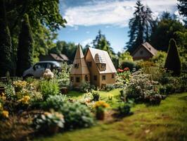 ai généré jouet papier carton maison sur une flou printemps Contexte génératif ai photo