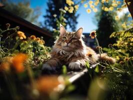 ai généré duveteux chat mensonges sur le herbe sur une flou Contexte génératif ai photo