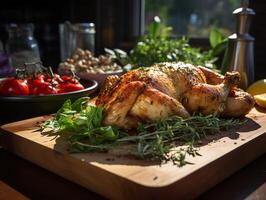 ai généré cuit poulet avec légumes verts et des légumes sur le planche génératif ai photo