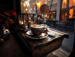 ai généré une tasse de café sur une en bois table dans une restaurant génératif ai photo