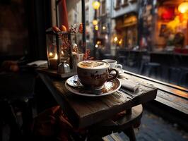 ai généré une tasse de café sur une en bois table dans une restaurant génératif ai photo