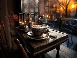 ai généré une tasse de café sur une en bois table dans une restaurant génératif ai photo