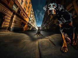 ai généré doberman des stands sur le rue et regards à le caméra, génératif ai photo