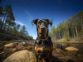 ai généré doberman des stands sur le rue et regards à le caméra, génératif ai photo