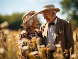 ai généré personnes âgées couple dans l'amour en marchant dans la nature génératif ai photo
