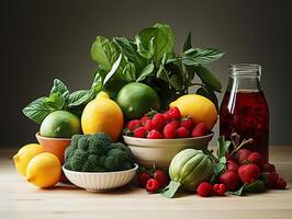 ai généré des fruits et baies agrumes une bouteille de Naturel jus, génératif ai photo