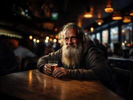 ai généré barbu personnes âgées homme en buvant Bière dans une bar génératif ai photo
