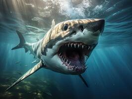 ai généré requin avec ouvert bouche nage sous-marin génératif ai photo