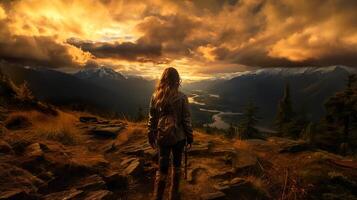 ai généré touristique voyageur sur le Haut de le Montagne contre le toile de fond de le coucher du soleil génératif ai photo