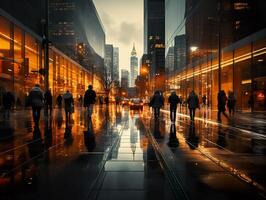 ai généré gens sur le des rues de le soir ville réflexion génératif ai photo