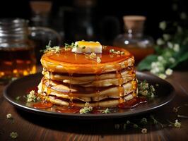 ai généré Crêpes beignets versé avec mon chéri dans une assiette sur une flou Contexte génératif ai photo