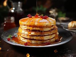 ai généré Crêpes beignets versé avec mon chéri dans une assiette sur une flou Contexte génératif ai photo