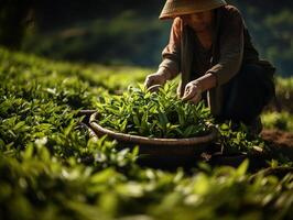 ai généré cueillette vert thé feuilles génératif ai photo