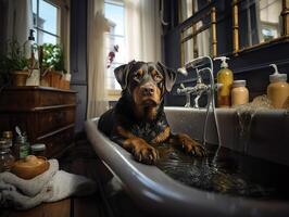 ai généré rottweiler dans le salle de bains sur une flou Contexte génératif ai photo