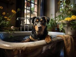 ai généré rottweiler dans le salle de bains sur une flou Contexte génératif ai photo