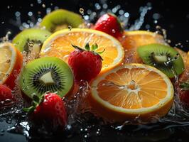 ai généré rafraîchissant éclaboussure de fruit et agrumes génératif ai photo