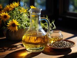 ai généré tournesol pétrole dans une carafe sur une en bois table avec des graines génératif ai photo