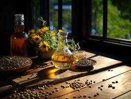 ai généré tournesol pétrole dans une carafe sur une en bois table avec des graines génératif ai photo