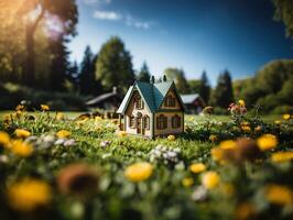 ai généré jouet maison sur le herbe sur une flou Contexte génératif ai photo