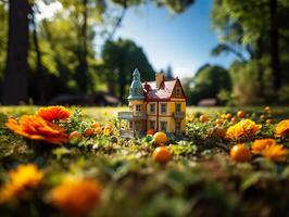 ai généré jouet maison sur le herbe sur une flou Contexte génératif ai photo