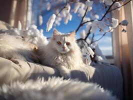 ai généré blanc chat mensonges sur une flou Contexte génératif ai photo