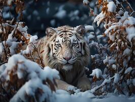 ai généré tigre sur le Contexte de une hiver paysage génératif ai photo