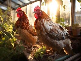 ai généré poulet marcher dans le poulet coopérative fermer génératif ai photo