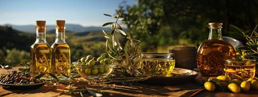 ai généré vert Olives et olive pétrole dans verre bouteilles génératif ai photo