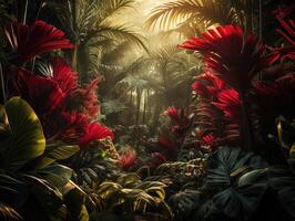 ai généré magnifique rouge jungle de luxuriant paume feuilles génératif ai photo