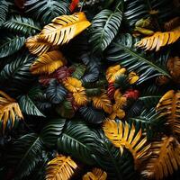 ai généré magnifique rouge vert Jaune jungle de luxuriant paume feuilles génératif ai photo