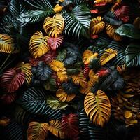 ai généré magnifique rouge vert Jaune jungle de luxuriant paume feuilles génératif ai photo