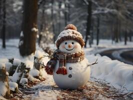 ai généré bonhomme de neige sur une flou Contexte brillant lumières carte postale génératif ai photo