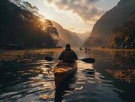 ai généré une homme dans une kayak flotteurs le long de le rivière contre le toile de fond de montagnes génératif ai photo