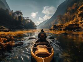 ai généré une homme dans une kayak flotteurs le long de le rivière contre le toile de fond de montagnes génératif ai photo