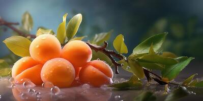 ai généré abricot des fruits sur branches dans rosée génératif ai photo