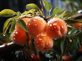 ai généré abricot des fruits sur branches dans rosée génératif ai photo