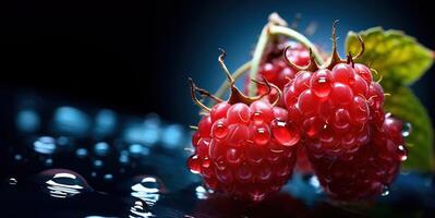 ai généré framboises sur le branches dans le rosée génératif ai photo