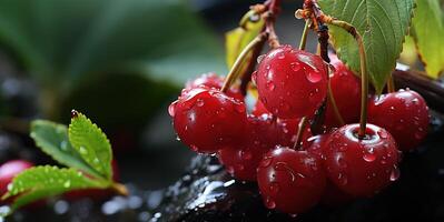 ai généré couvert de rosée Cerise sur le branches génératif ai photo