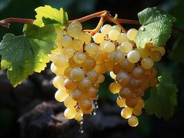 ai généré blanc les raisins sur le branches dans le rosée génératif ai photo